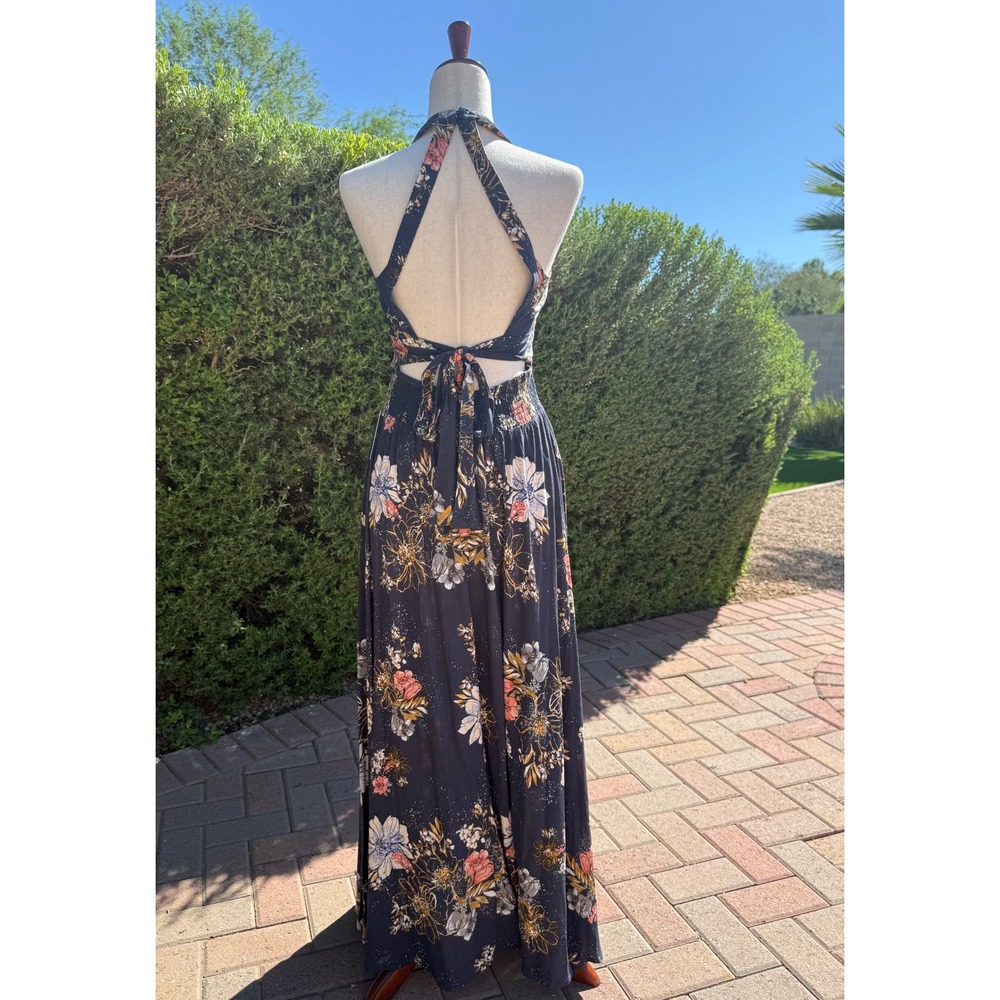 BP Nordstrom Floral Halter Maxi Dress Navy Blue Smocked Waist Open Back NWT - Picture 7 of 12